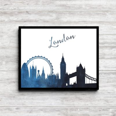 Blue Watercolor London Skyline Printable