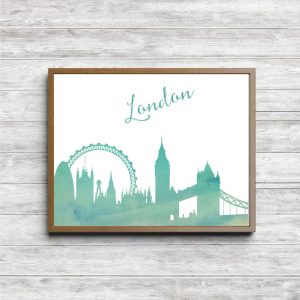 Green Watercolor London Skyline Printable