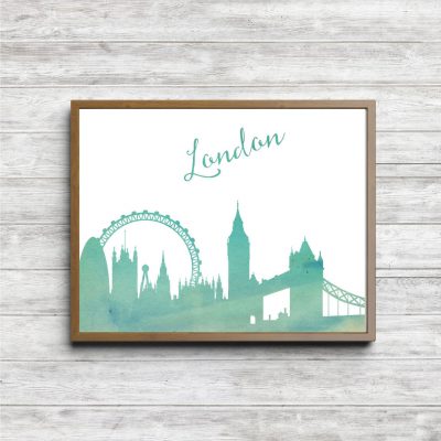 Green Watercolor London Skyline Printable