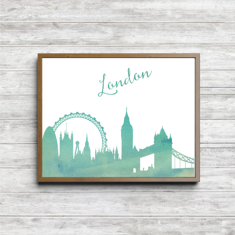 Green Watercolor London Skyline Printable