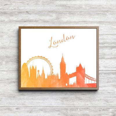 Orange Watercolor London Skyline Printable