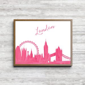 Pink Watercolor London Skyline Printable