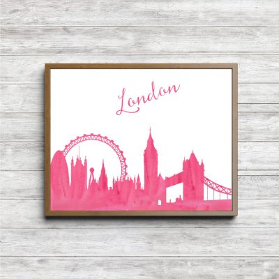 Pink Watercolor London Skyline Printable
