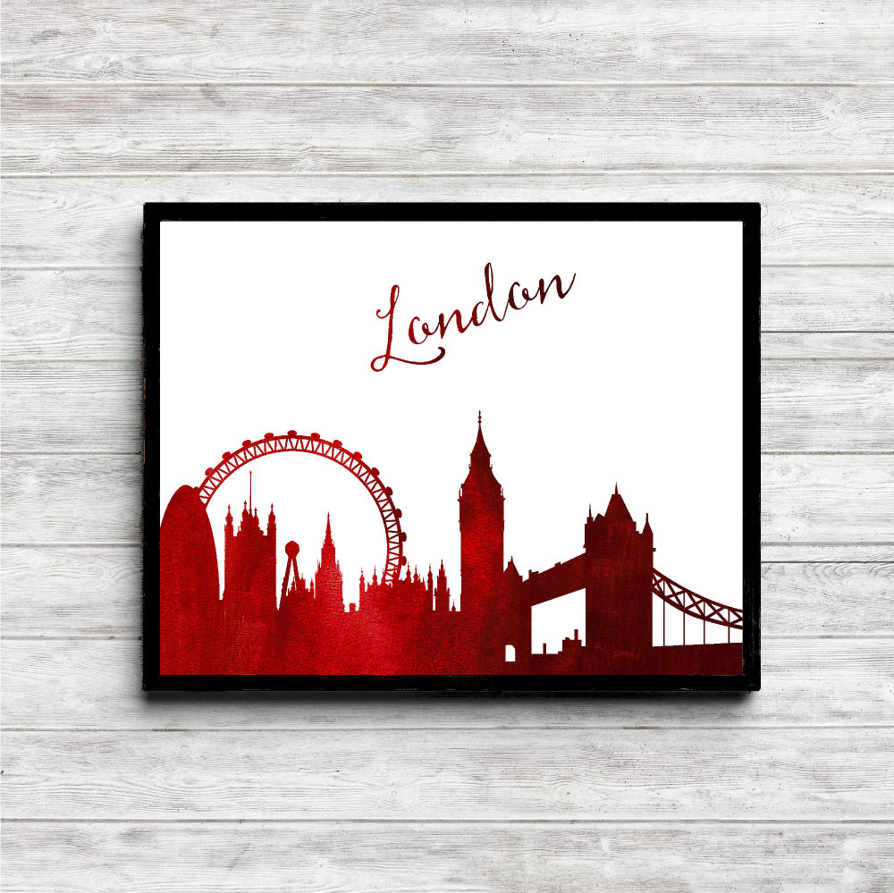 Red Watercolor London Skyline Printable
