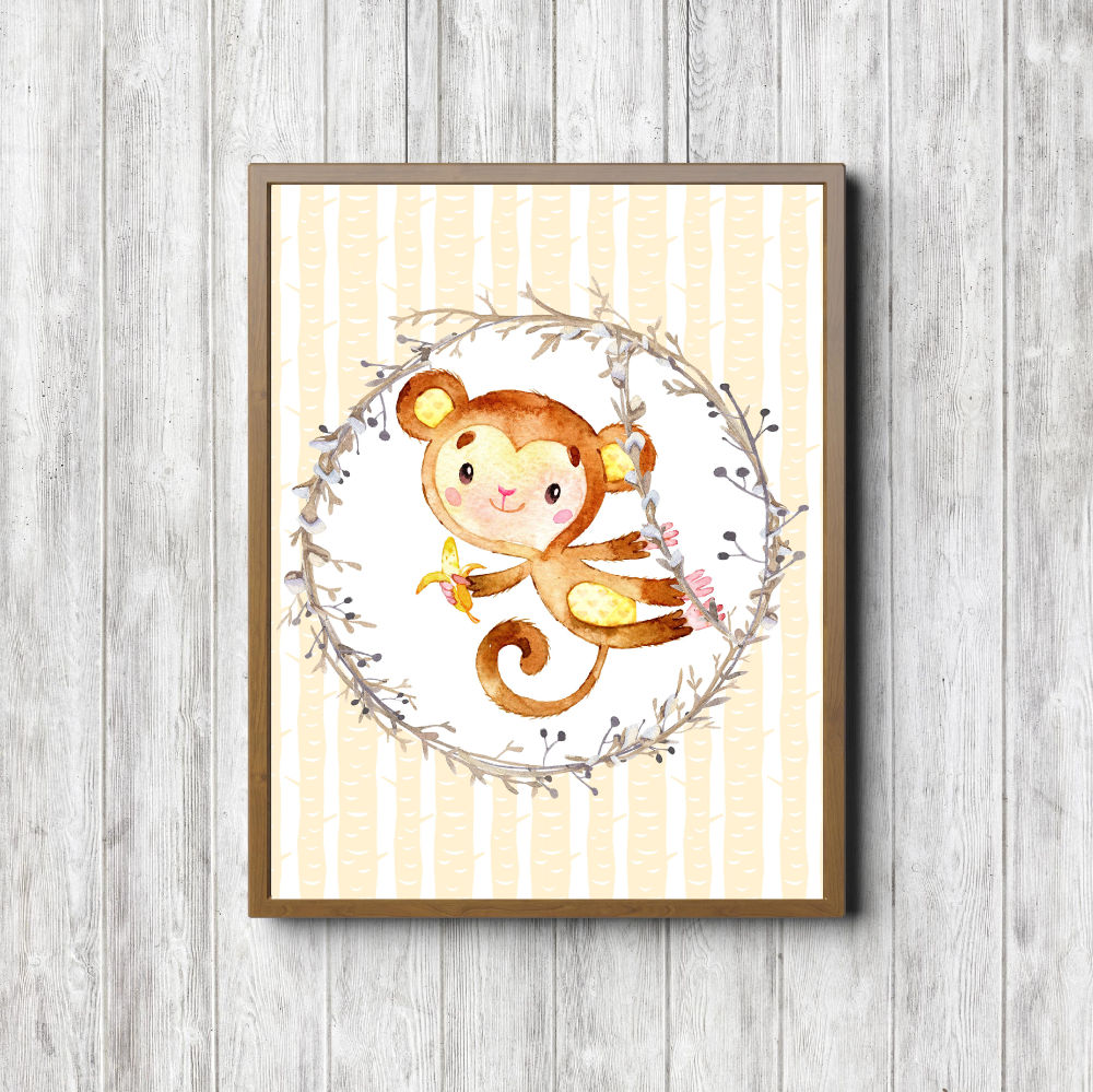 Watercolor Swinging Monkey Nursery Printable