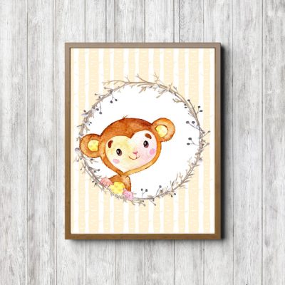 Watercolor Peeping Monkey Nursery Printable