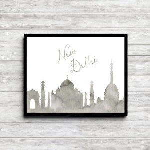 Gray Watercolor New Delhi Skyline