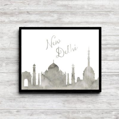 Gray Watercolor New Delhi Skyline