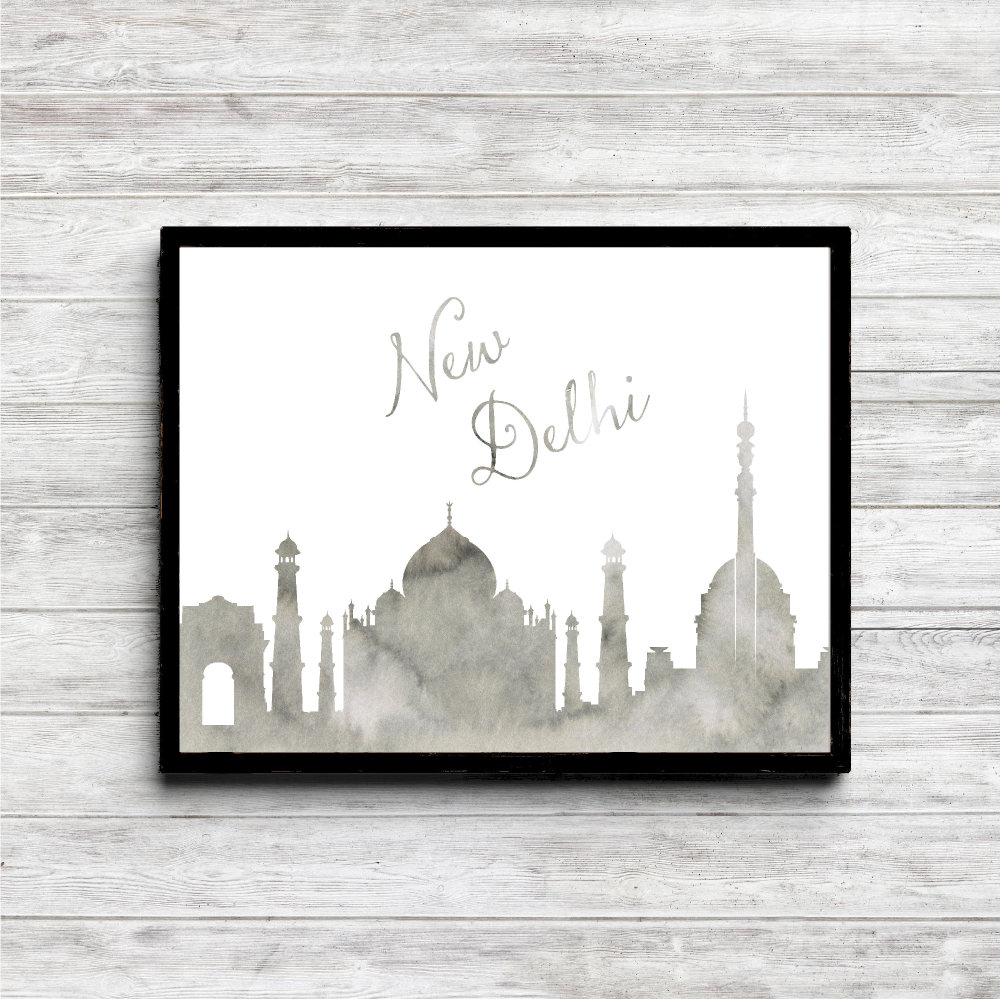 Gray Watercolor New Delhi Skyline Printable