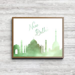 Green Watercolor New Delhi Skyline