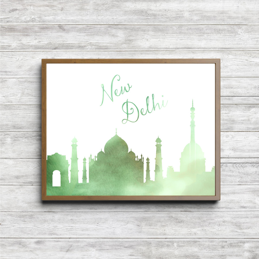 Green Watercolor New Delhi Skyline Printable
