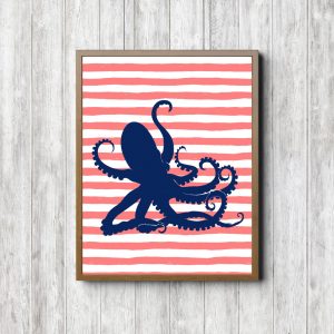 Blue Octopus Coral Stripes Printable