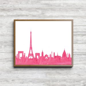 Pink Watercolor Paris Skyline Printable
