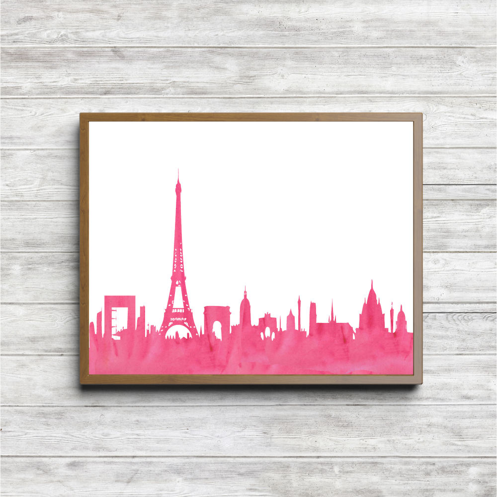 Pink Watercolor Paris Skyline Printable