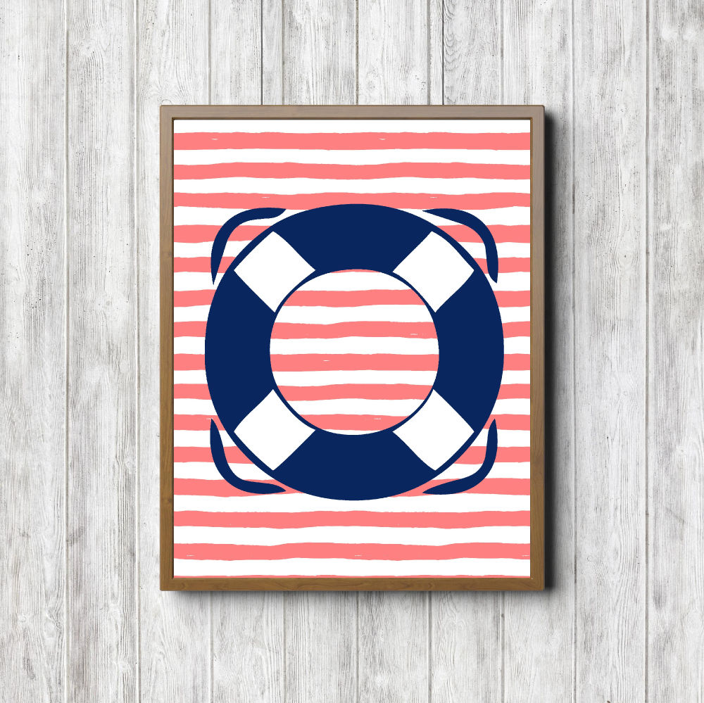 Blue Life Ring Coral Stripes Printable