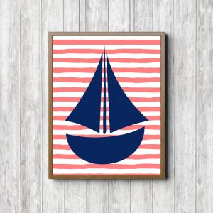Blue Sailboat Coral Stripes Printable