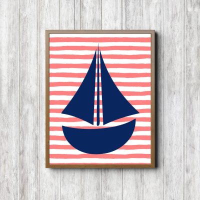 Blue Sailboat Coral Stripes Printable