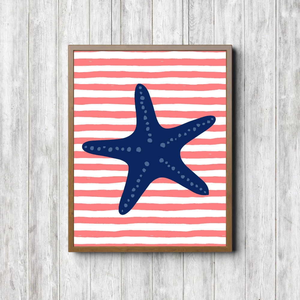 Blue Starfish Coral Stripes Printable