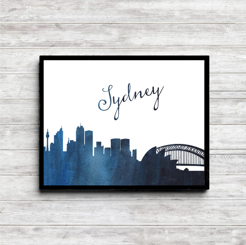 Blue Watercolor Sydney Skyline Printable
