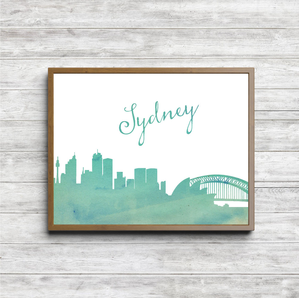 Mint Watercolor Sydney Skyline Printable