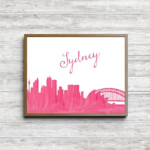 Pink Watercolor Sydney Skyline Printable