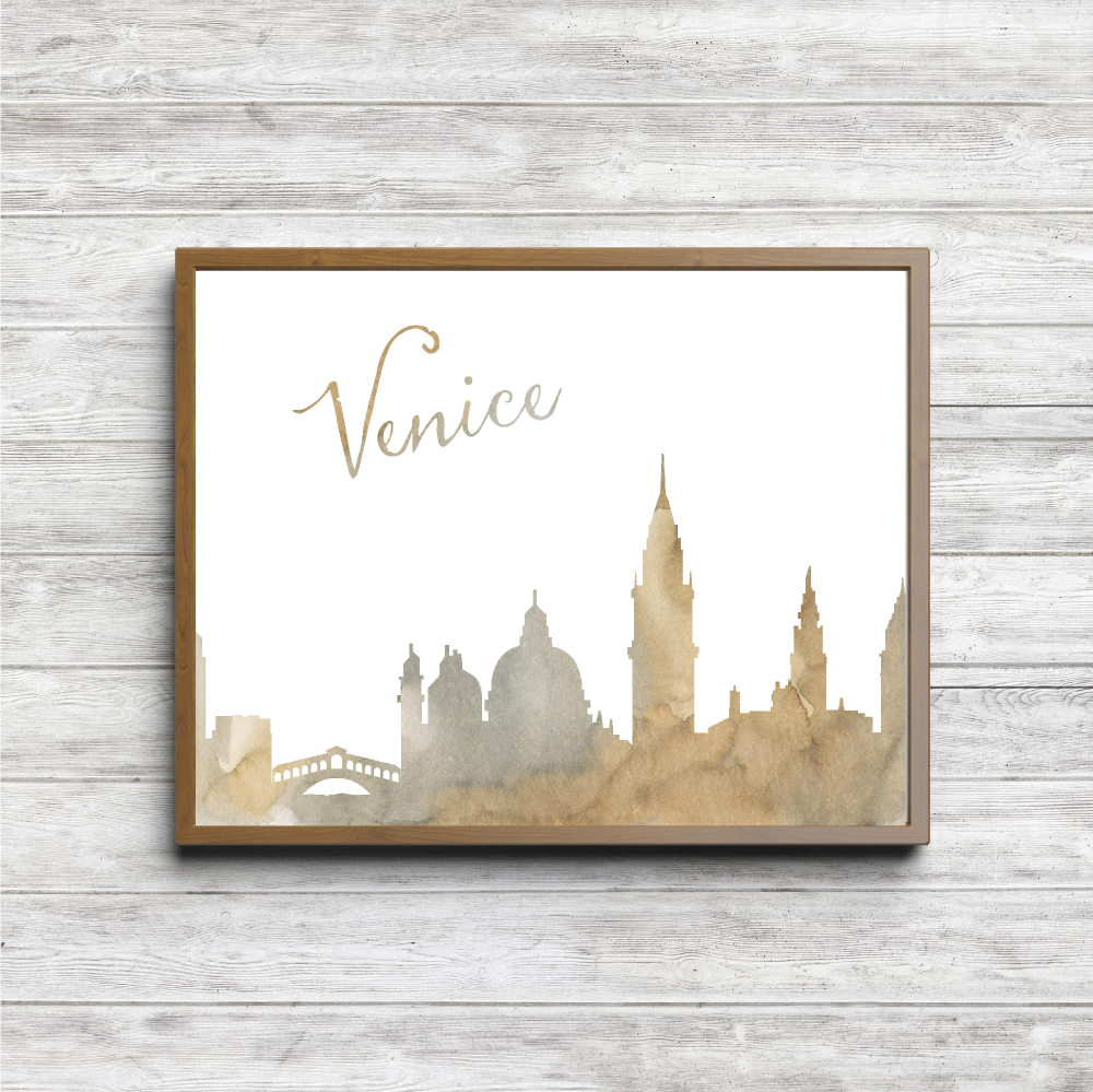 Beige Watercolor Venice Skyline Printable