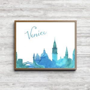 Blue Watercolor Venice Skyline Printable