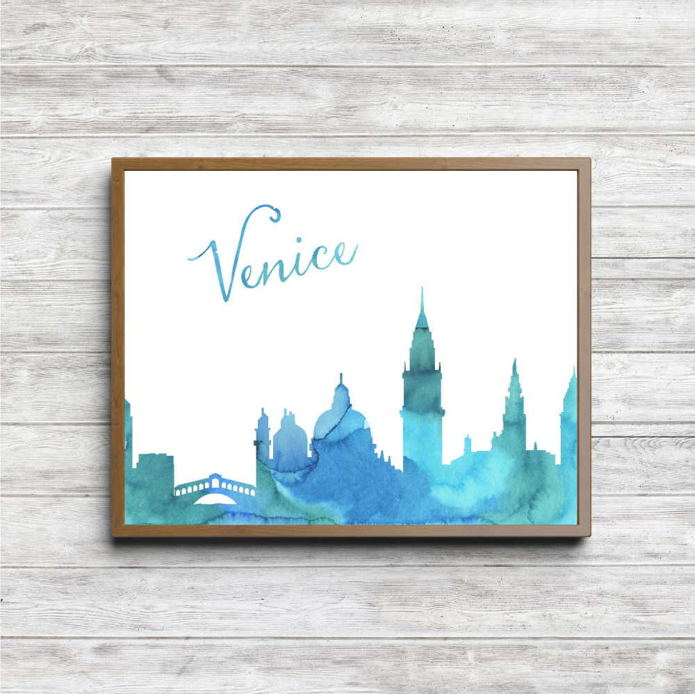 Blue Watercolor Venice Skyline Printable