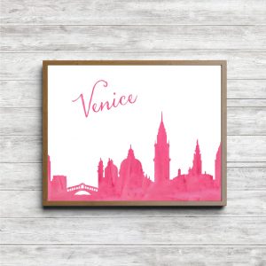 Pink Watercolor Venice Skyline Printable