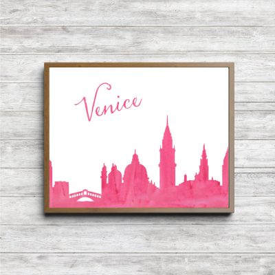 Pink Watercolor Venice Skyline Printable