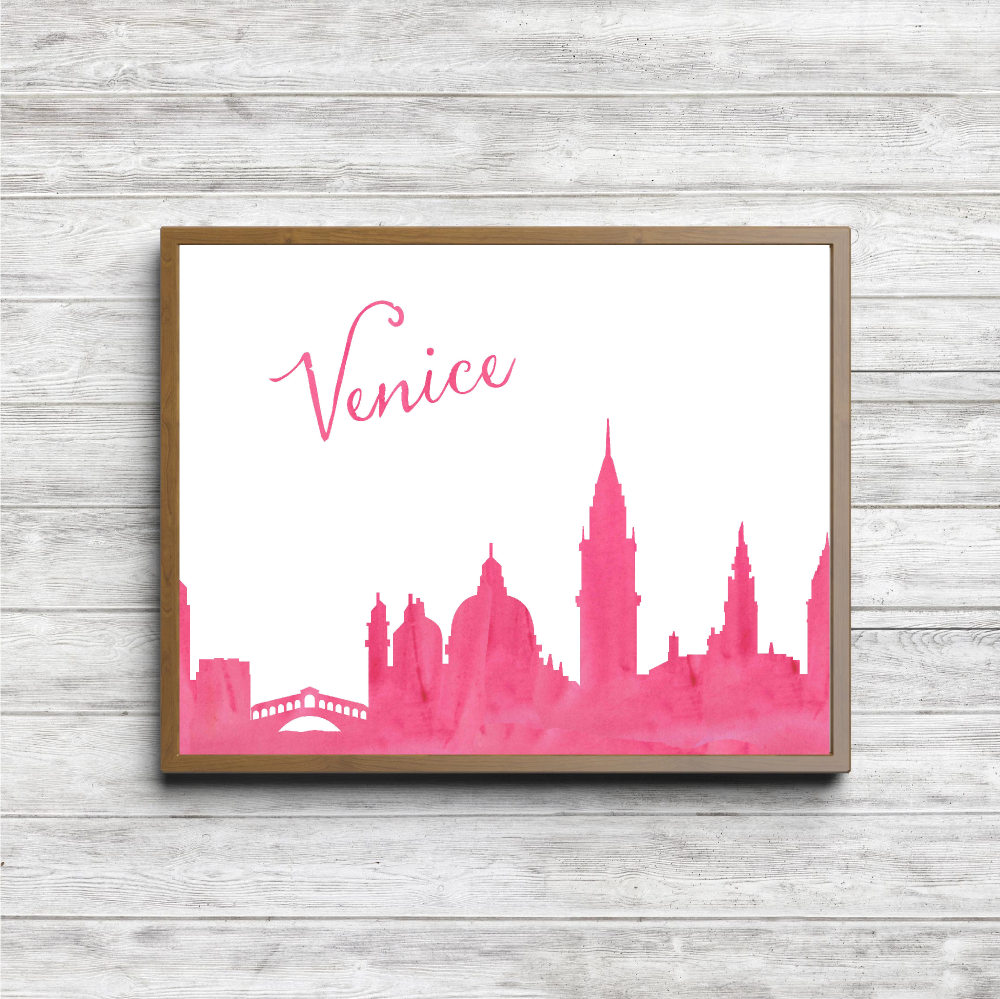 Pink Watercolor Venice Skyline Printable