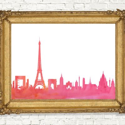 Pink & Orange Watercolor Paris Skyline