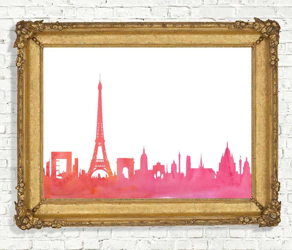 Pink & Orange Watercolor Paris Skyline
