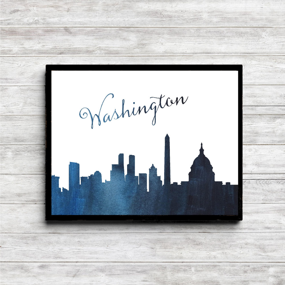 Blue Watercolor Washington Skyline Printable