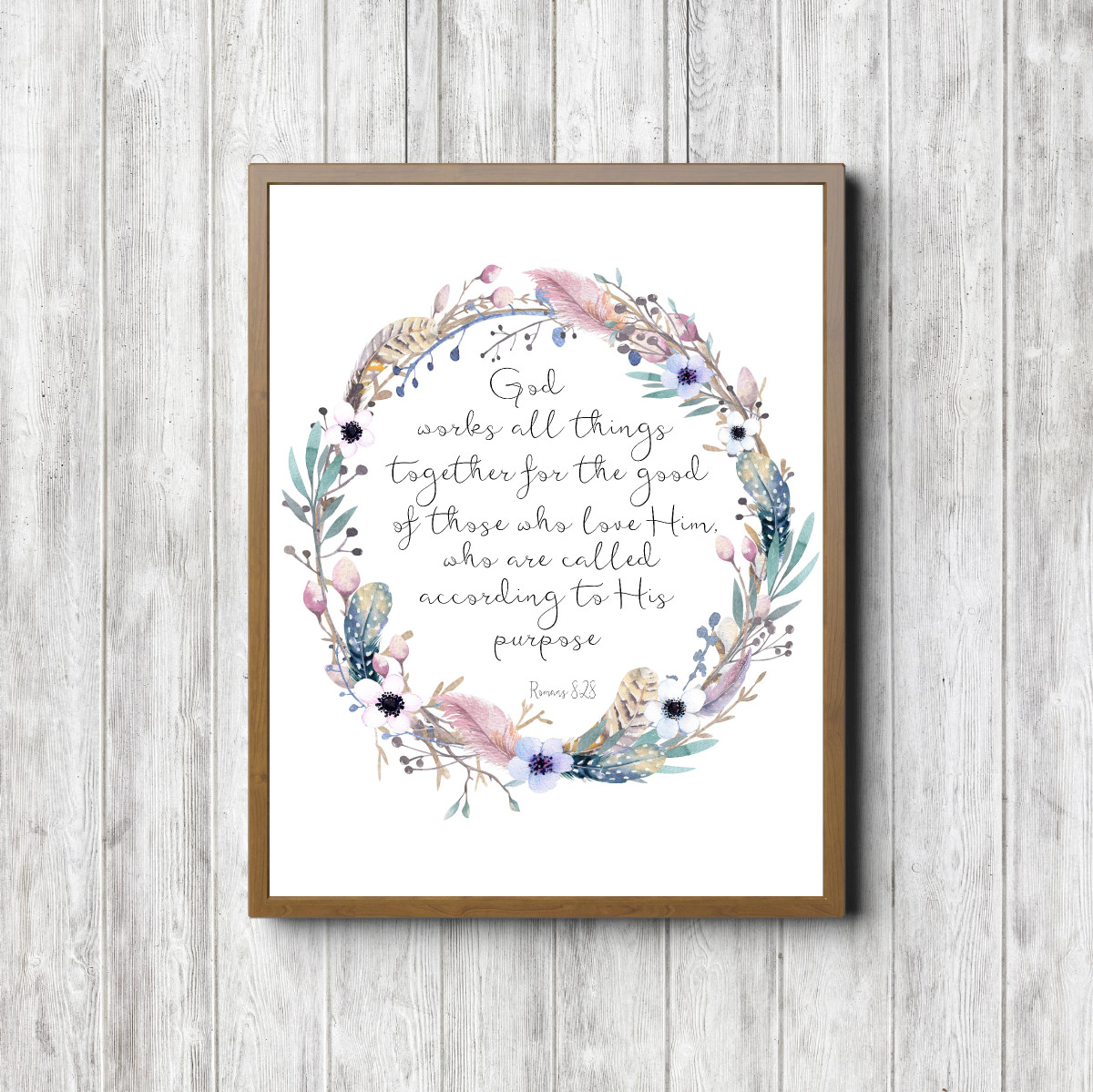 Romans 8:28 Feather Wreath Watercolor