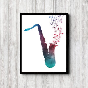 Watercolor Saxophone With Music Notes